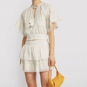 Alice + Olivia Tabitha Embroidered 100% Cotton  Ruffle-Sleeve Cropped Blouse